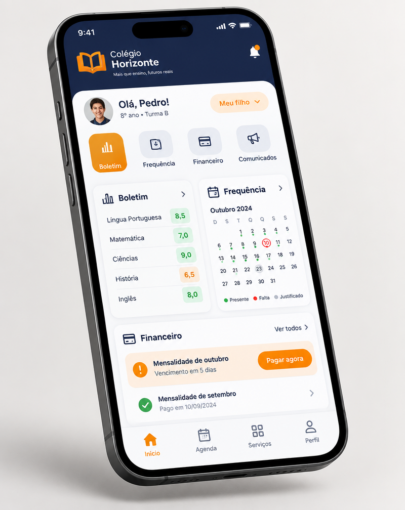 Aplicativo EW com boletim, frequência e financeiro no celular
